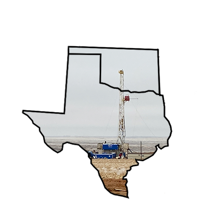 oil well being drilled in Hardeman Basin on Texas and Oklahoma map outline
