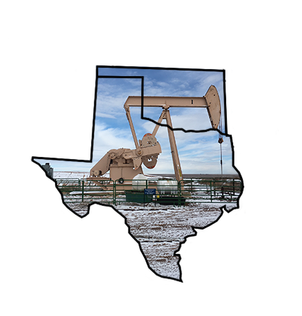 oil well pump jack on outline of Texas and Oklahoma map