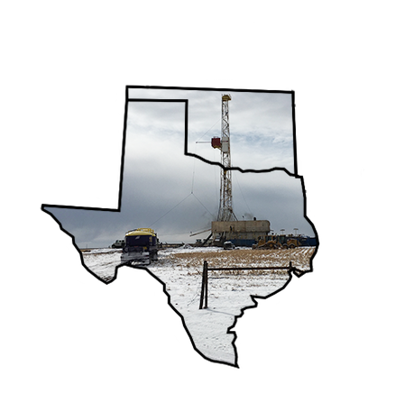 oil well being drilled and tanker truck on outline of Texas and Oklahoma map